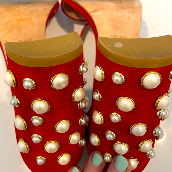Stuart Weitzman red suede heels with pearls comfortable block heel worn TWICE!!! - Picture 6 of 7